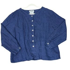 🌟 FLAX 100% Linen Button-Front Blouse Women’s Large Blue